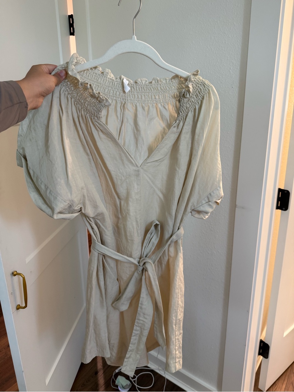 Light Beige Smocked Neck Tie-Waist Dress